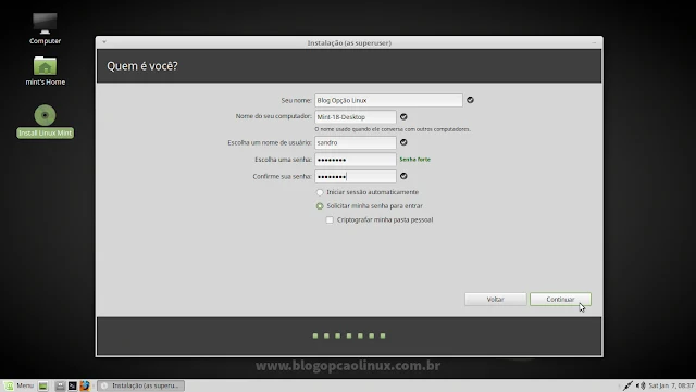 Informe o seu nome, defina um nome de usuário e senha de utilizador para o Linux Mint