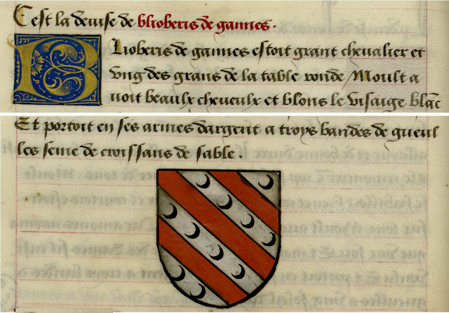 Manuscrit français Ms 329 - "Ce sont les noms, armes et blasons des chevaliers et compaignons de la Table ronde...." folio 29v (extrait) - date XVe siècle - Bibliothèque municipale de Lille