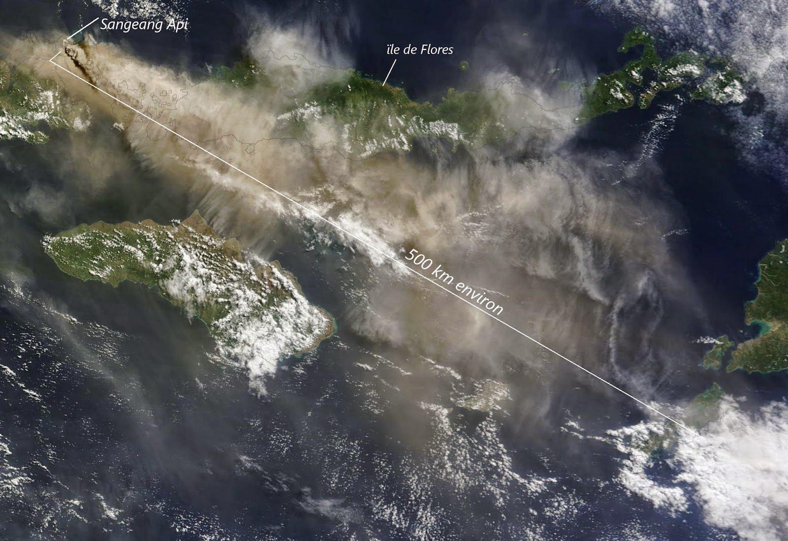 LE panache de cendres du volcan Sangeang Api vu par le MODIS, 31 mai 2014