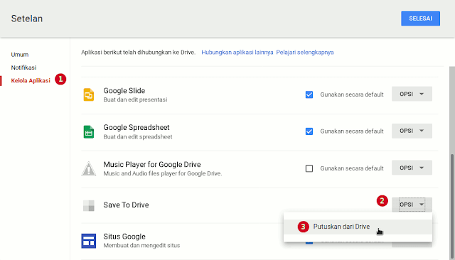 Jendela Setelan Google Drive untuk mengelola aplikasi