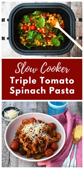 A simple slow cooker pasta dish where the sauce and pasta are cooked together. Three types of tomato and spinach are the base of this delicious saucy pasta. #veganslowcooker #vegetarianslowcooker #slowcookerpasta #vegancrockpot #vegetariancrockpot #crockpotpasta #slowcooker #crockpot