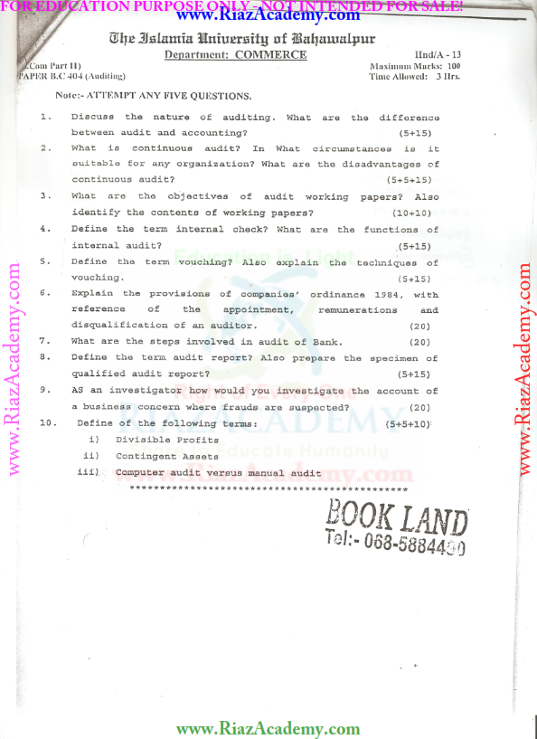 AUDITING - B.COM-II  PAST PAPERS [READ or DOWNLOAD]