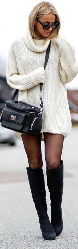 Fall look | Oversize off white turtle neck sweater dress with knee ...