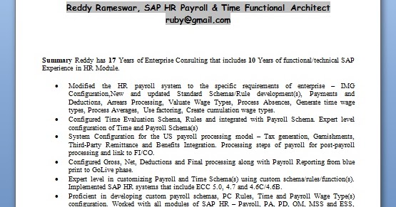 sap hr payroll time functional architect sample resume work experience summary for freshers