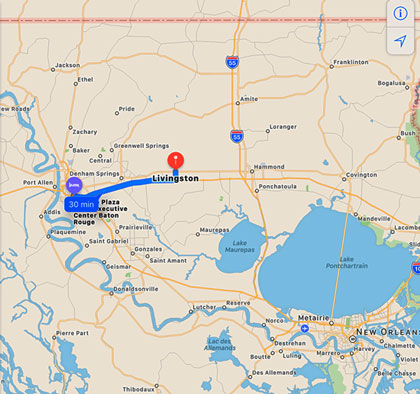 Map showing IAU Symposium 338 in Baton Rouge and LIGO location in Livingston, LA