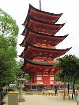 5-story Vermillion Pagoda adjacent to Itsukushima Shrine, Miyajima Island, Japan