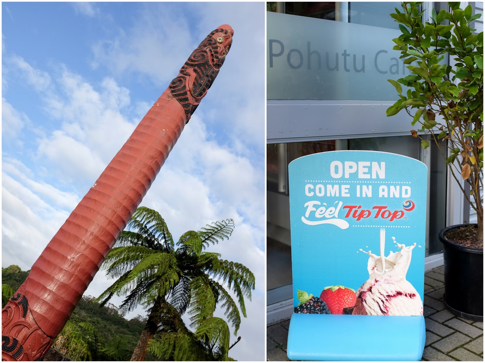 A double scoop of Tip Top ice cream on a cone (Hokey Pokey & Goody Goody Gum Drops, please