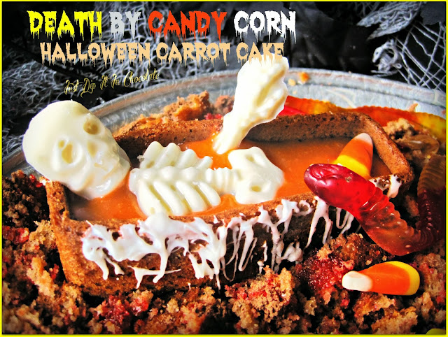 Death by Candy Corn Halloween Carrot Cake Recipe, Our dear friend Bones had too much of the treat he loved the most, Candy Corn, a tasty recipe is part of his obituary...follow it and join him in the afterlife, if you dare....