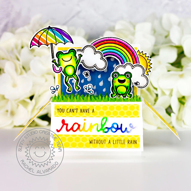 Sunny Studio Stamps: Over The Rainbow Rainbow Word Die Froggy Friends Rain Or Shine Rainbow Themed Cards by Rachel Alvarado
