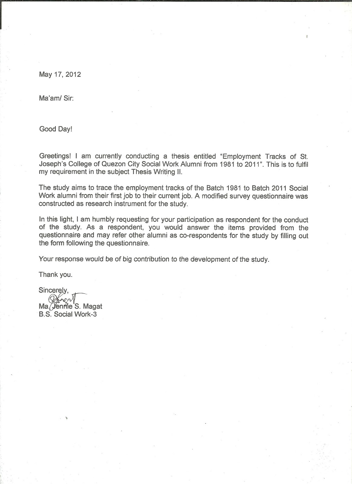Survey For Tracer Study On Employment Tracks Of SJC QC Social Work 