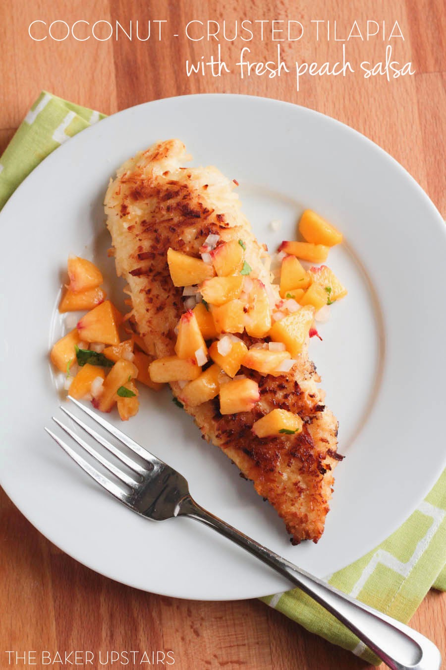 This coconut-crusted tilapia with fresh peach salsa is a super easy and flavorful dinner, and ready in just a few minutes!