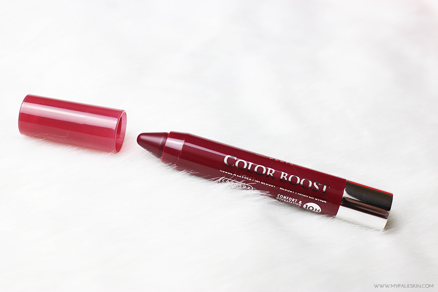 Bourjois, colour boost, plum russian, review, swatch, blogger, my pale skin, pale skin, lipstick
