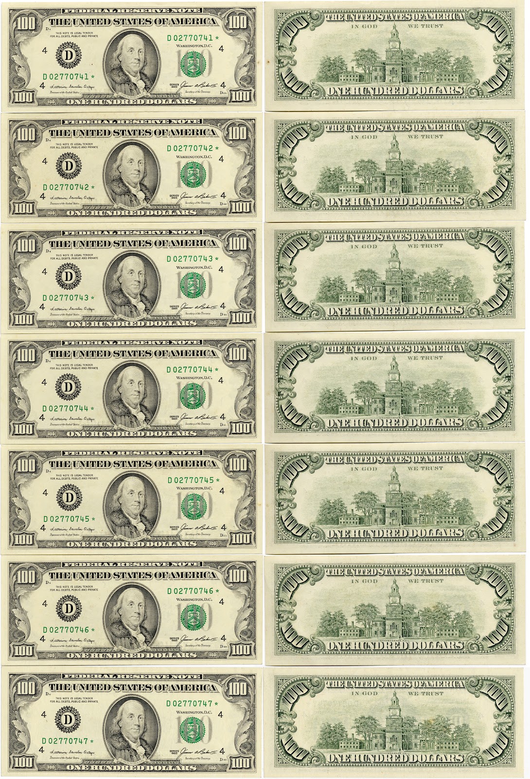 7 sequential uncirculated 1985 Star series US$100 bills - Coin ...