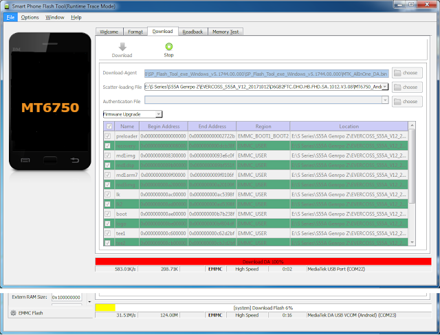 Cara flash android Advan E1C Pro menggunakan sp flashtool flashing progress sedang berjalan