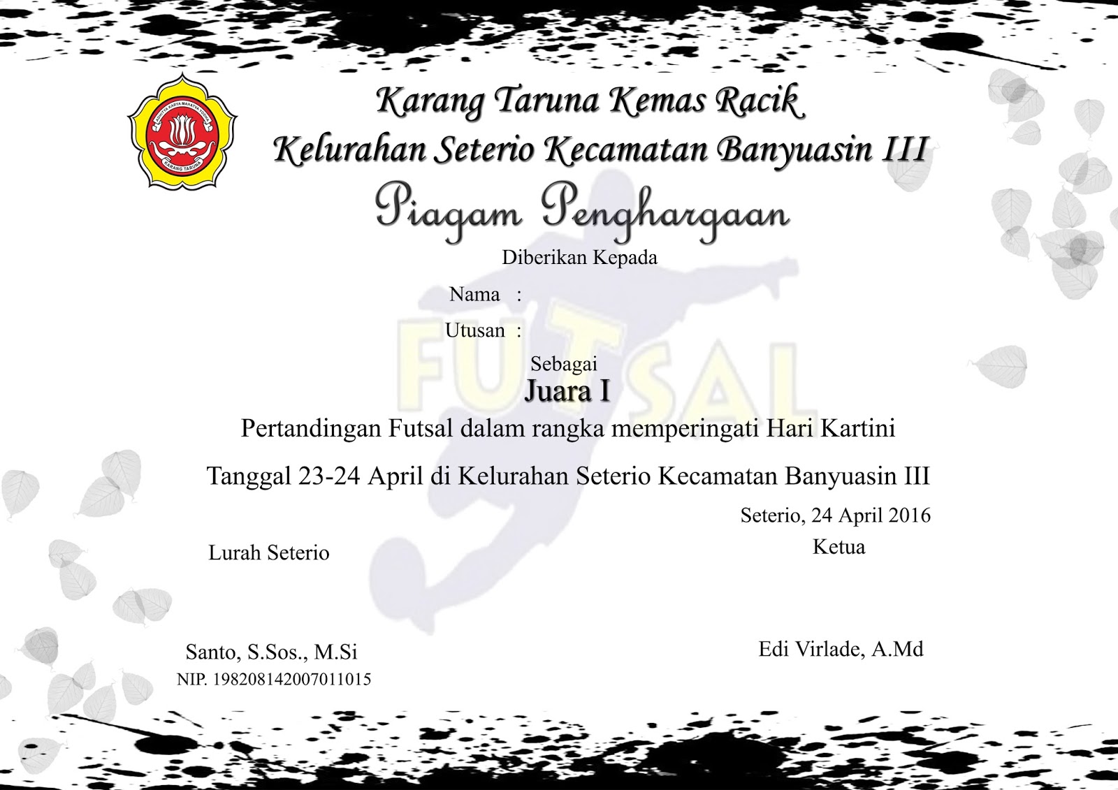 KARANG TARUNA KEMAS RACIK KELURAHAN SETERIO CONTOH PIAGAM