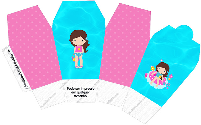 Fiesta en la Piscina para Niña Morena: Cajas para Imprimir Gratis. Caja tipo "de comida china"de Fiesta en la Piscina para Niña Morena.