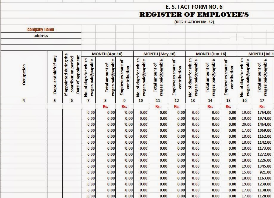 ESIC Form 6 in Excel Format