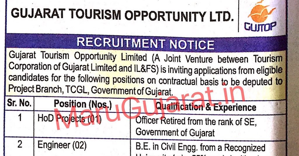 Gujarat Tourism Opportunity Limited Recruitment Various Posts 2017
