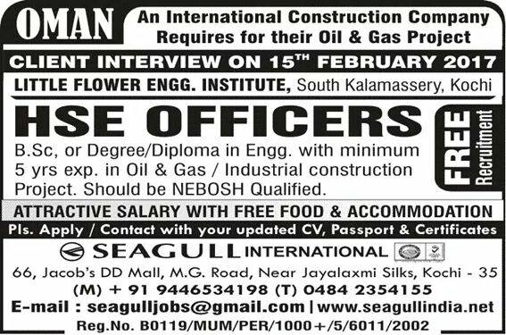 Wanted Nebosh qualified HSE Officers for Oil & Gas project in Oman on 15th Feb :: Interview in Kochi