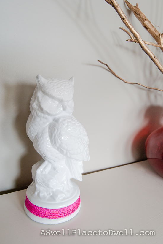 Spray Painted White Ceramic Owl with Pink Cording