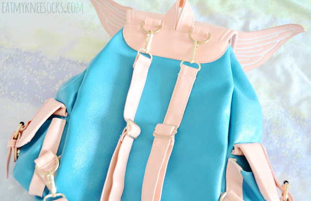 Sammydress Fashion Review: Satin Baseball Cap + Winged Pastel Backpack Pastel blue and pink angel wing faux leather backpack from Sammydress; similar to Dollskill, cute Harajuku style.