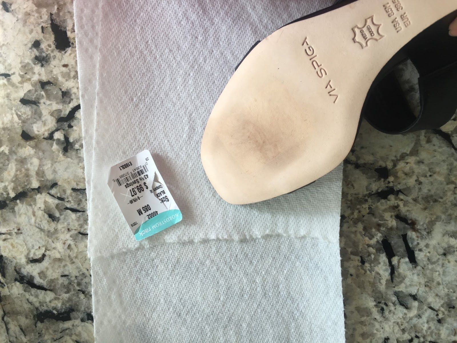 Muckety Mucked Before and After Removing Sales Sticker from Shoes