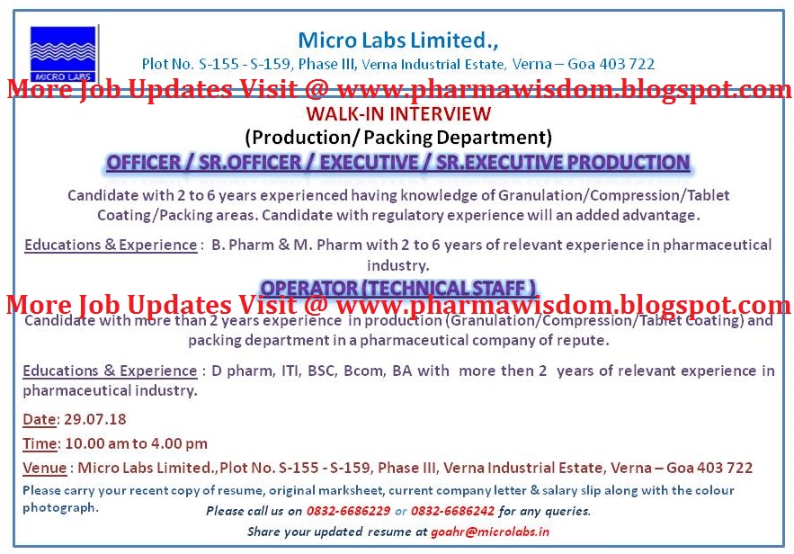 MICRO LABS LIMITED WalkIn Interviews for Multiple Positions on 29th