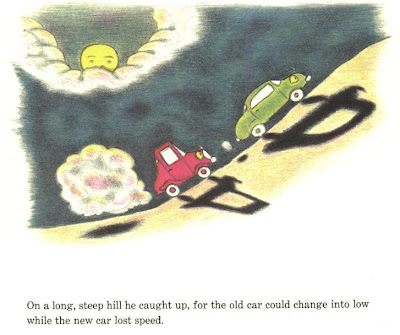 illustration of green and red car racing up a hill, scene from The Two Cars