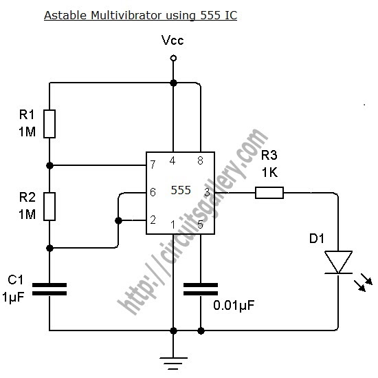 Electronics Circuits: Astable NE 555 timer IC -Circuit diagram and working