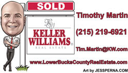 Agent leaning on  sold sign caricature