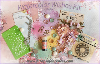 Scraps of Elegance February 2017 scrapbook kit: Watercolor Wishes, featuring 49 and Market, Lindy's Stamp Gang, Blue Fern Studios, and more.