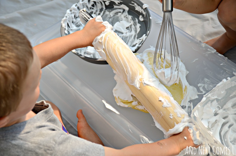 Messy sensory play with lemon scented play dough and shaving cream from And Next Comes L