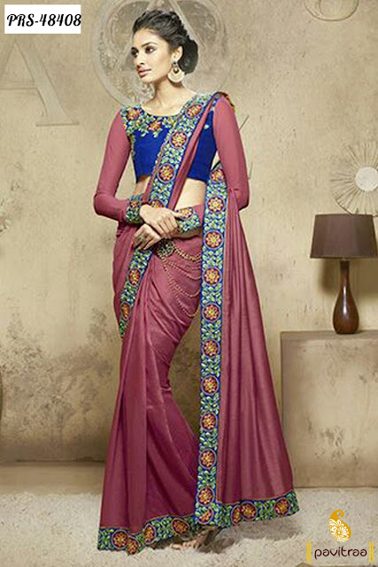 Beautiful pink viscose Indian embroidery saree online shopping at low cost in India