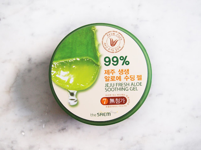 The Saem Jeju Aloe Vera Soothing Gel review for sunburn, moisturizer, makeup base, lengthen lashes, mask, and soften cuticles. It finishes matte and subtle with a cooling effect and absorb quickly into the skin with a great scent.