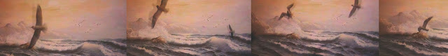Stills from the Delirium of Joy video piece, showing a seagull flying in front of an old painting of the sea