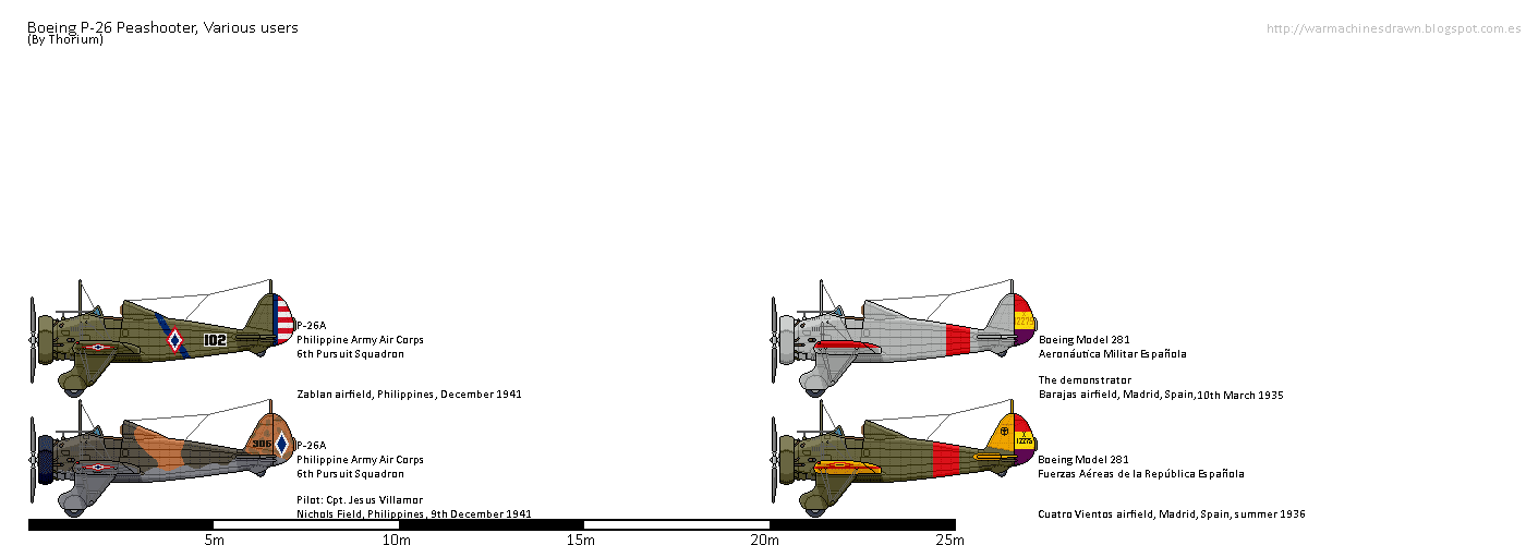 War Machines Drawn Boeing P26 Peashooter, Spanish and Philippine users