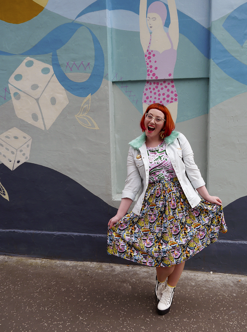 Monki x Lynnie Zulu Colourful Street Style Styled by Helen, Wardrobe Conversations, Scottish Blogger, Edinburgh Blogger, Dundee Blogger, red head, ginger bob, Spex Pistols glasses, leopard print glasses, customised denim jacket, mint fur collar, Monki prints, Monki tshirt, Monki x Lynnie Zulu, Lynnie Zulu for Monki, River Island white lace up shoes, Rockcakes brooch, Rock Cakes pin badges, personalised denim jacket, Lucky Dip pins, milkshake with sprinkles, Roller Shakes, Blog Birthday, Style Diner, Kate George Mural Edinburgh, wall art Edinburgh, Edinburgh South side, Lou Taylor, tropical earrings, skinny dip london milk bag, novelty bag, milk bag