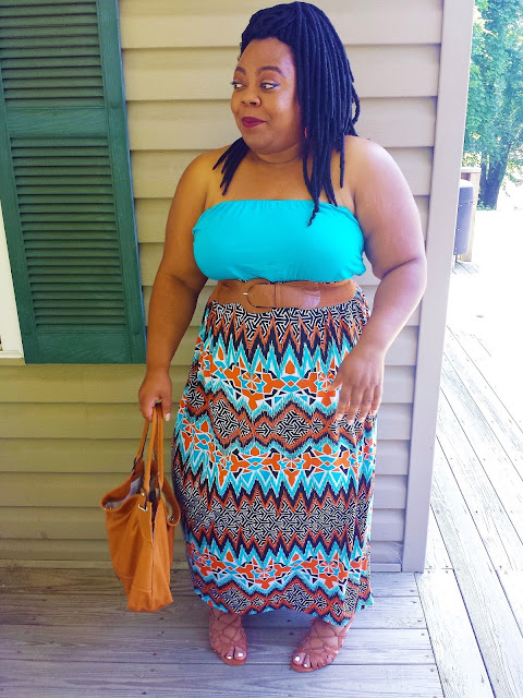 Geo print tubed maxi, brown lace up wedges, faux locs