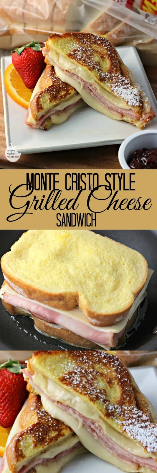 Monte Cristo Style Grilled Cheese Sandwich | by Renee's Kitchen Adventures - easy recipe for sweet and savory grilled cheese sandwich with ham and swiss. Great for lunch or dinner. AD ArtesanoBread