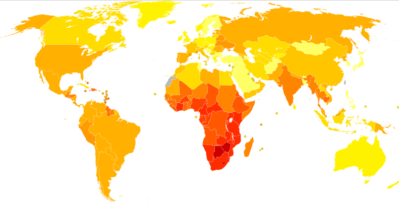 โรคน่ารู้ Disease: ความชุกของ HIV และ AIDS ต่อ 100,000 ประชากรทั่วโลก
