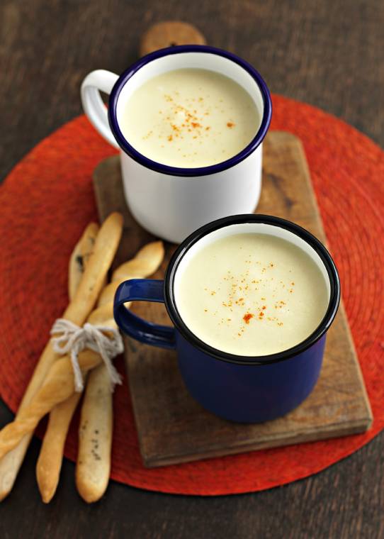 Cauliflower Cheese Soup With Homemade Breadsticks.