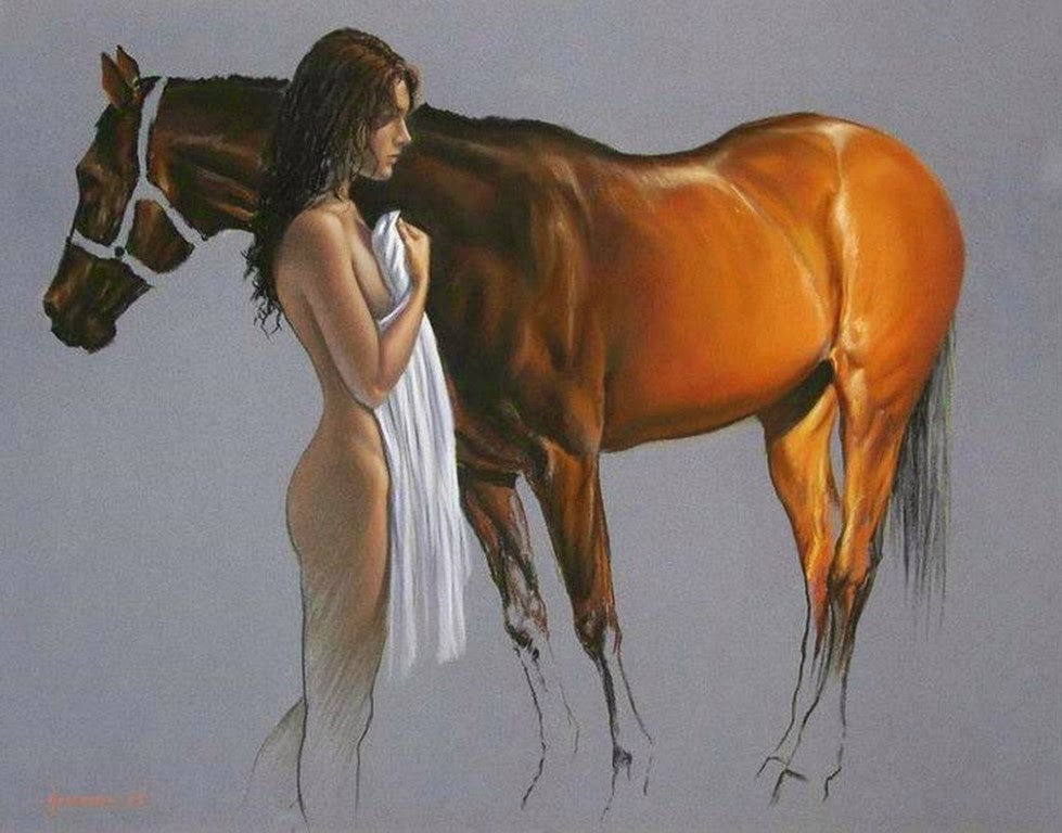 Caballo y Mujer, Cuadro Pintado al Óleo.