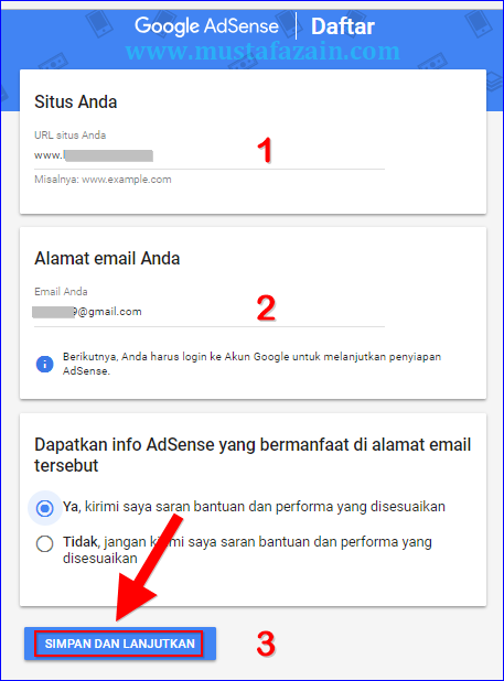 Masukkan situs dan email Anda Cara Mendaftar Google Adsense 2018 Untuk Pemula