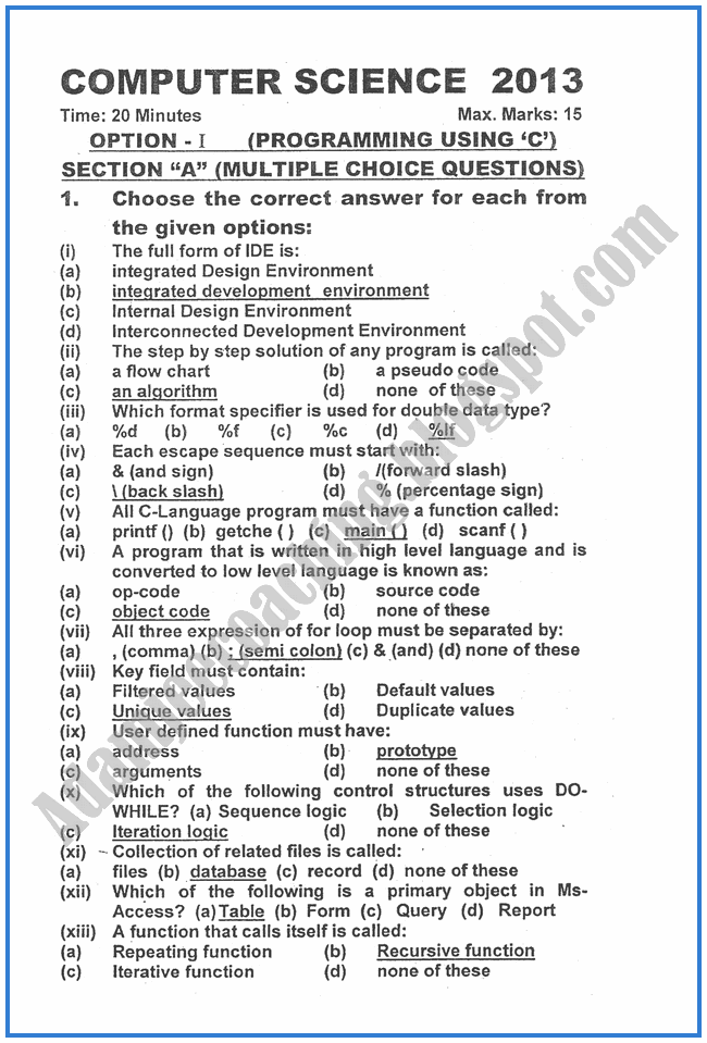 Adamjee Coaching Computer science 2013 Past Year Paper Class XII