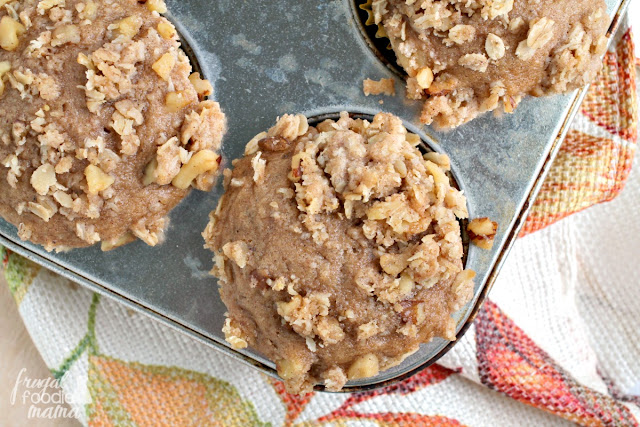 These soft & fluffy Banana Spice Streusel Muffins with a crunchy oatmeal-walnut topping start with a cake mix.