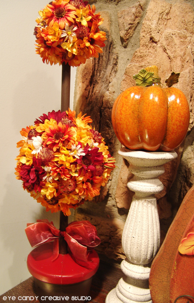 fall topiary in mantle, fall flowers, pumpkins, decor ideas for fall