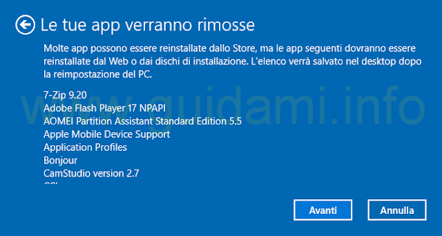 Windows 10 Reimposta il PC le tue app verranno rimosse