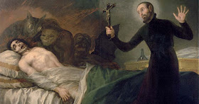 A painting showing Saint Francis Borgia, a 16th century saint, performing an exorcism. 