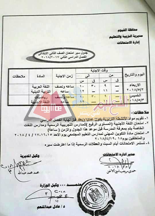 جداول إمتحانات آخر العام الترم الثانى محافظة الفيوم جداول إمتحانات آخر العام الترم الثانى محافظة الفيوم