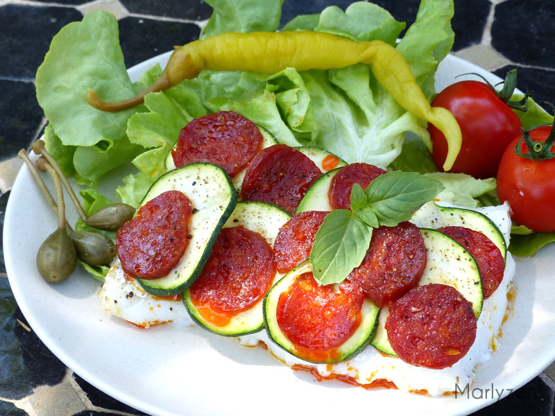 Cabillaud en écailles de courgette et chorizo